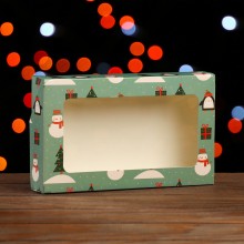 Коробка для кондитерских изделий "Пингвины и снеговики" зеленая 20х12х4 см